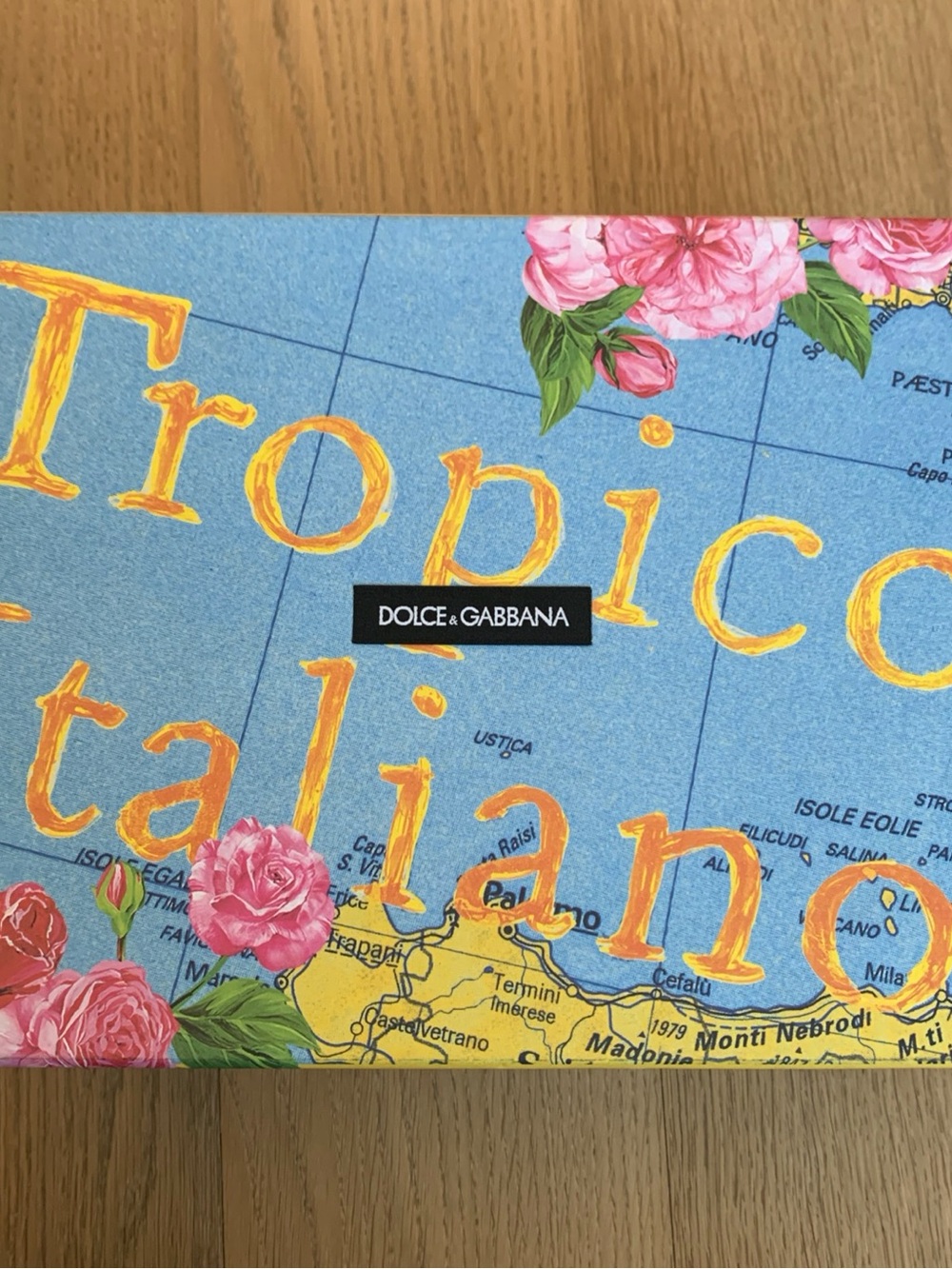 Dolce & Gabbana Blue & Yellow Tropical Map Box with Pink Floral Accents